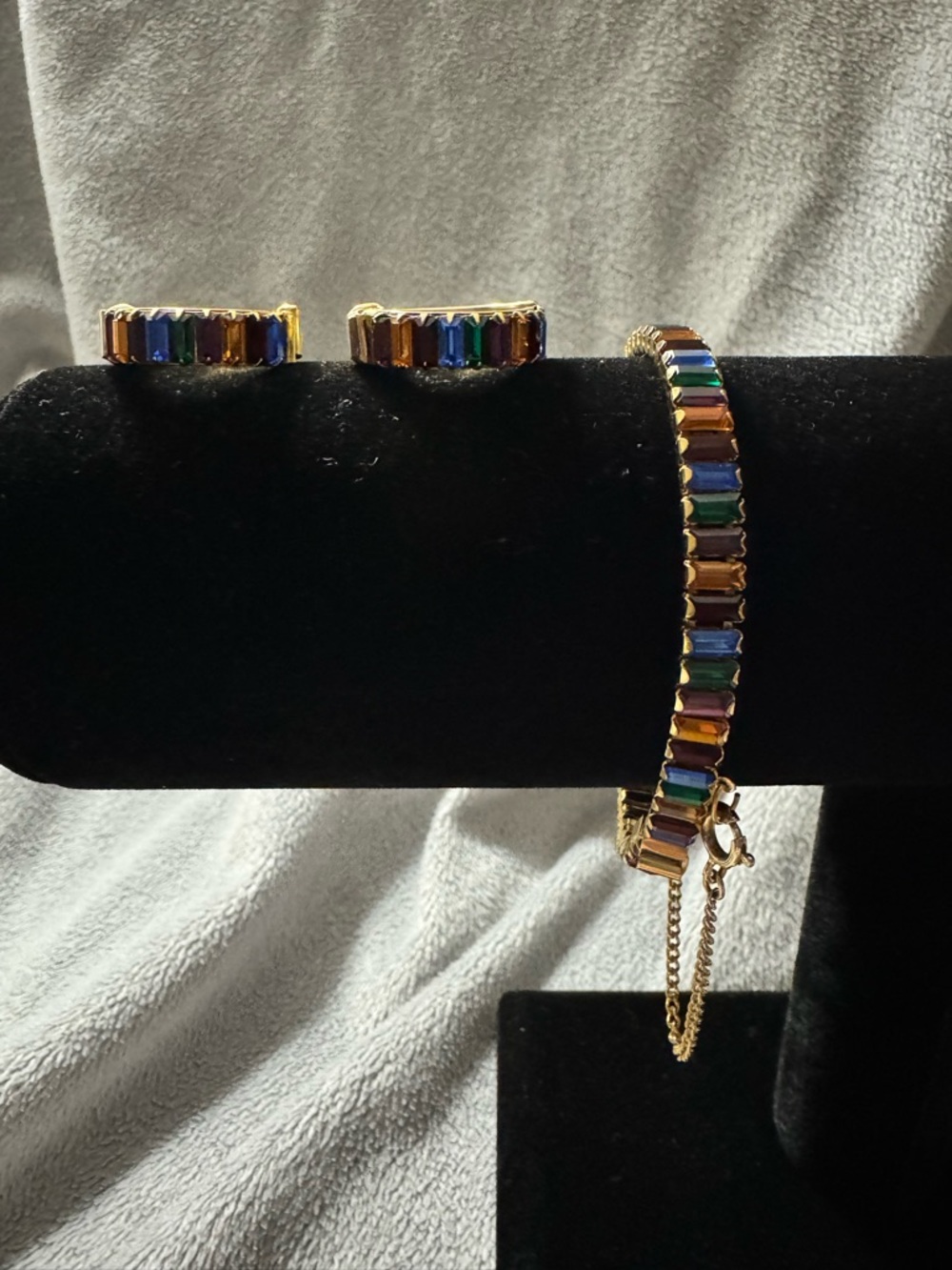 Vintage Gold-Tone Multicolor Baguette Tennis Bracelet and Earrings Set